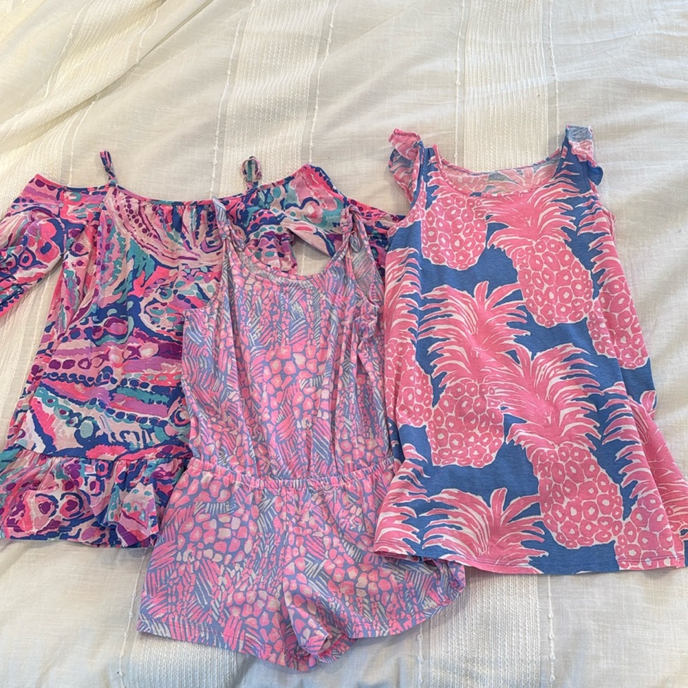 Girls Lilly Pulitzer lot, total of three, size M (6/7). Two dresses and 1 romper